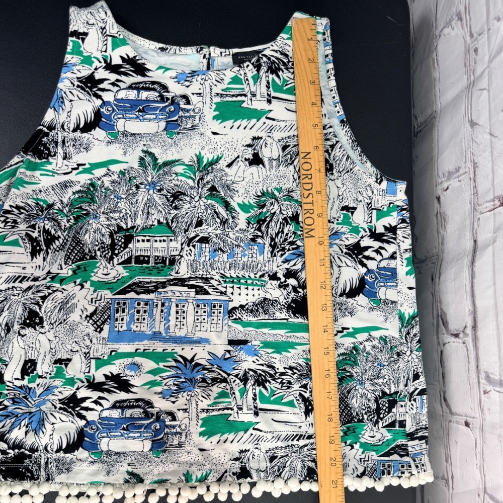 Ann Taylor Tank Top Womens M Tropical Print Coastal Pom Pom Hem Keywhole Back - Picture 6 of 9